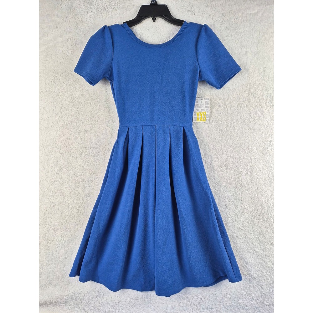 LuLaRoe Amelia Dress Womens XXS Blue Short Sleeve Pleated Fit Flare Exposed Zip